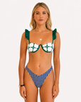 Navy and white floral CC Summer bikini bottom on model, 5'4" wearing size Small
Navy floral bikini bottom paired with matching CC Summer bikini top on a yacht